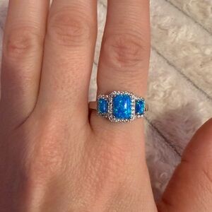 Elegant Blue Opal w/ Moissanite Halo and Silver Ring